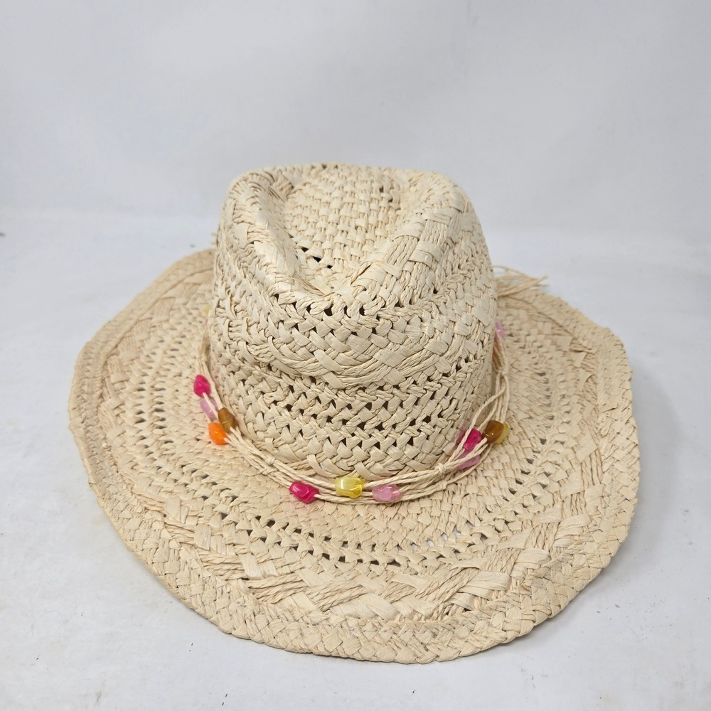 DPC Dorfman Pacific Seagrass Straw Sun Hat Beaded Boho Western Beach Beige OS